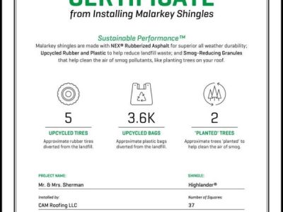 Eco-Offset Certificate from Installing Malarkey Shingles
